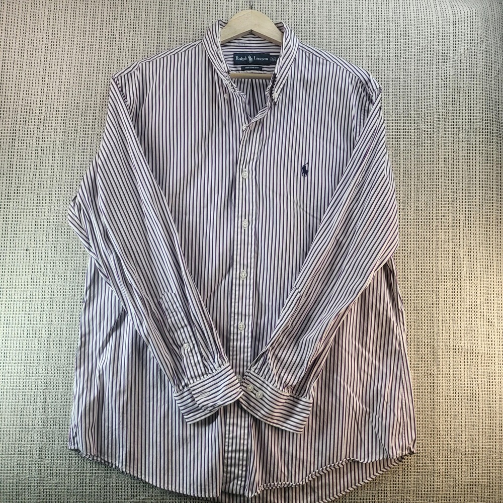 Ralph Lauren Shirt Mens Large White Purple Stripe Custom Fit Dress